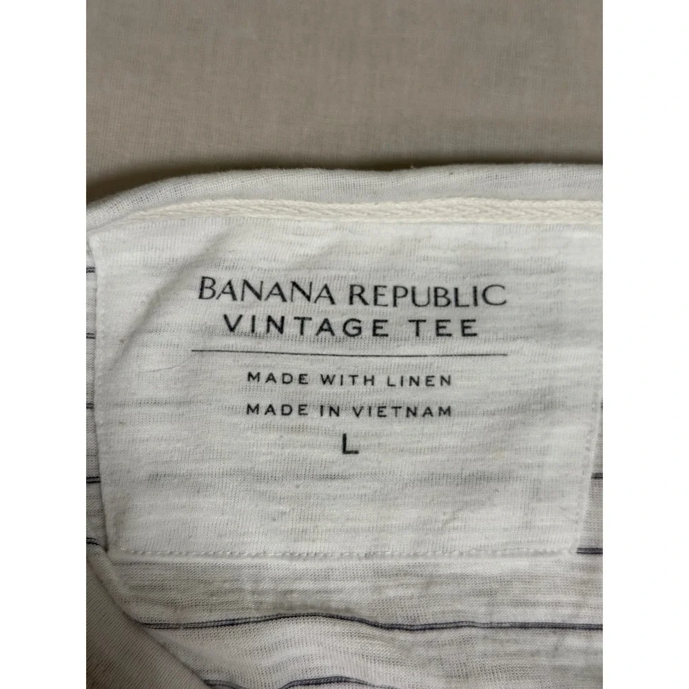 Banana Republic Vintage Tee Mens Large White Navy Striped Linen Pocket T-Shirt